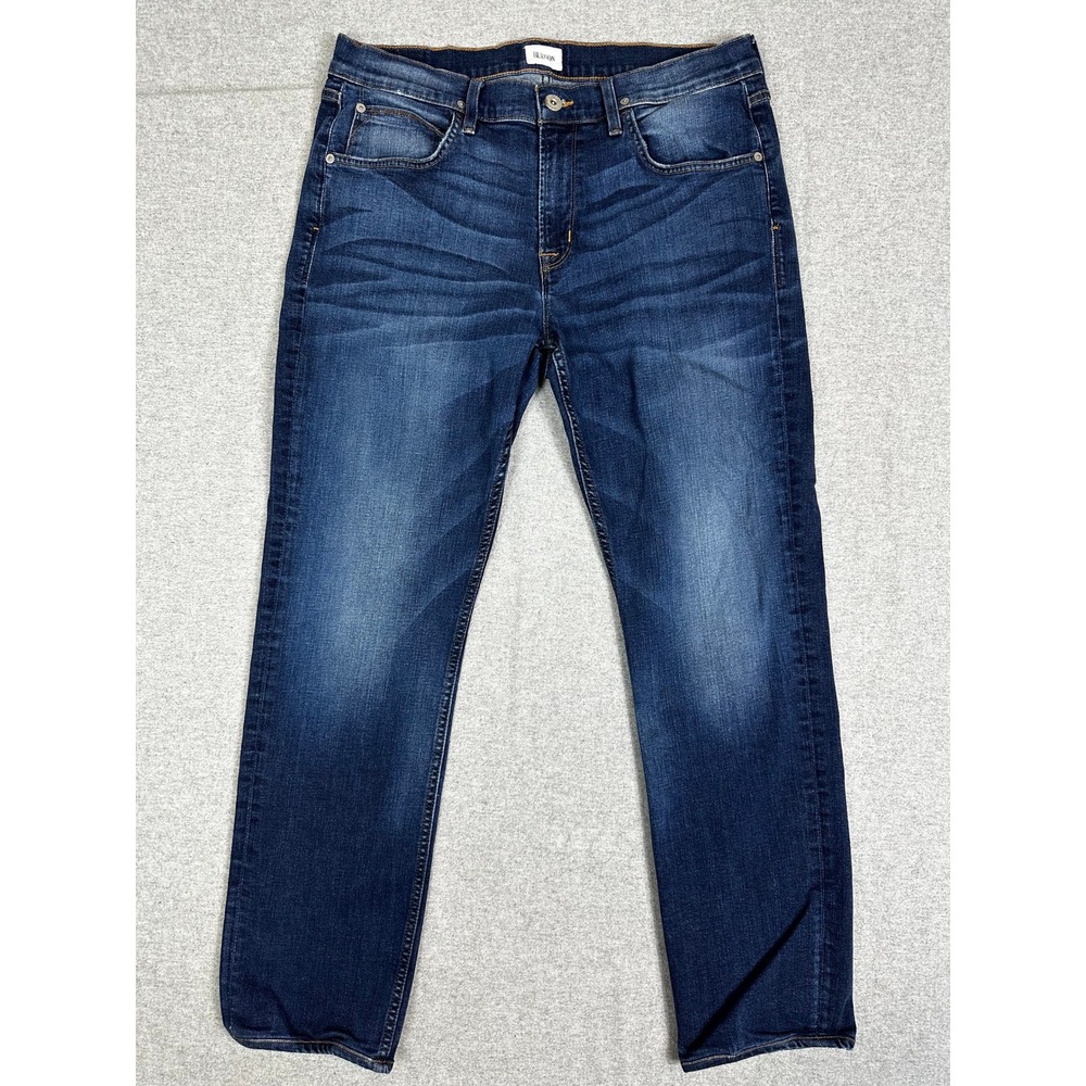 Hudson Byron Straight Jeans Mens 36x30 Blue Darkwash Whiskered Denim